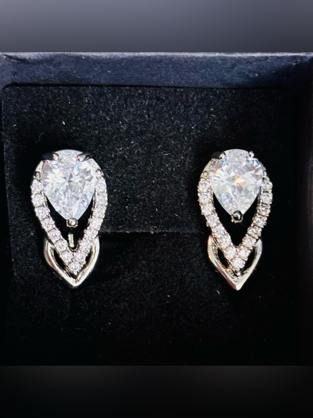 Teardrop Halo CZ Stud Earrings in Silver Tone